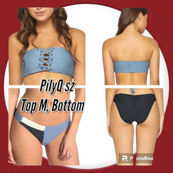 PILYQ Woman's Bikini Blue Lace Up Bandeau Top & Color Block Bottom  Swimsuit Set - Picture 1 of 15